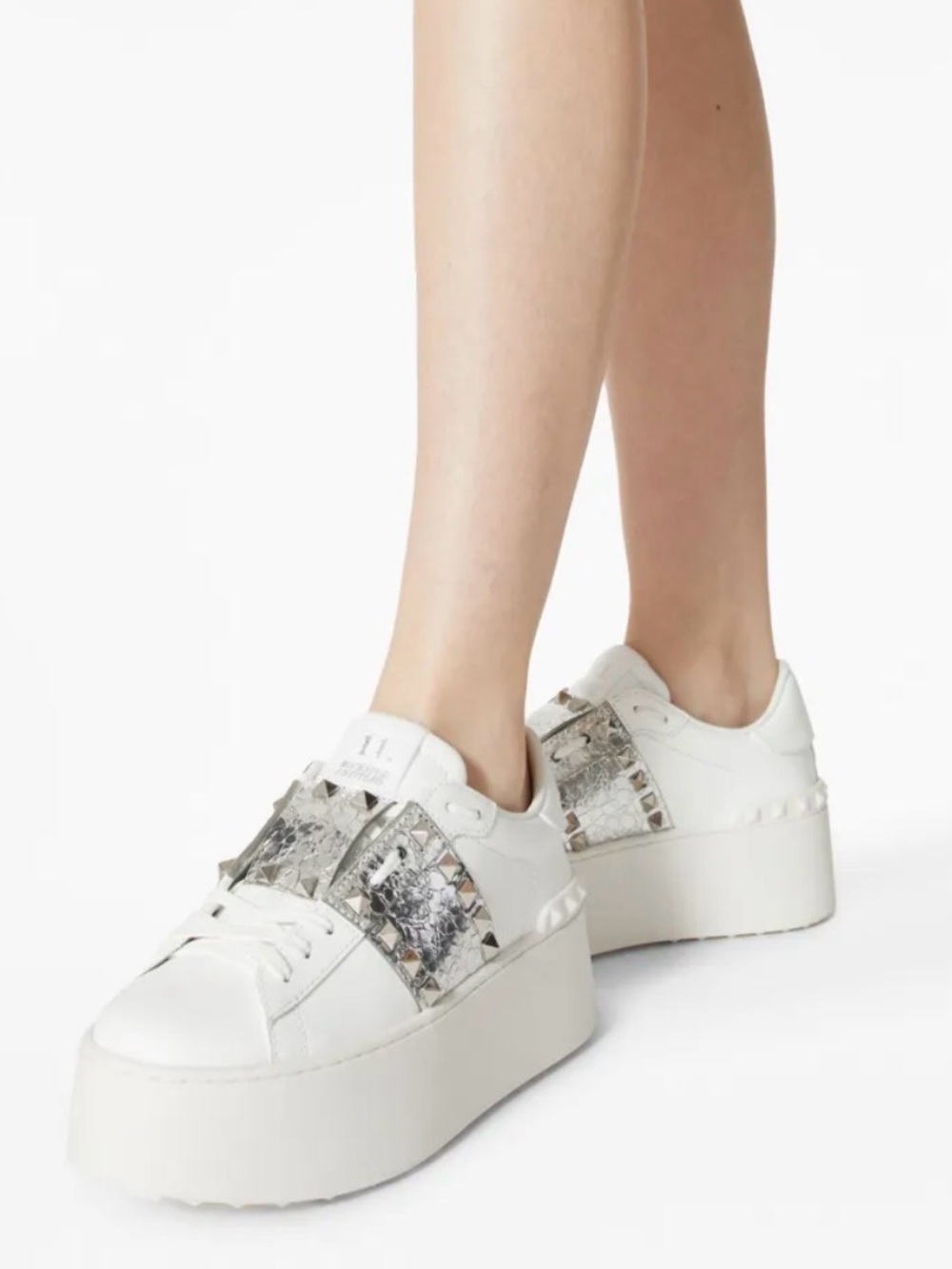 Valentino Garavani White Platform Sneakers with Silver Stud Accent
